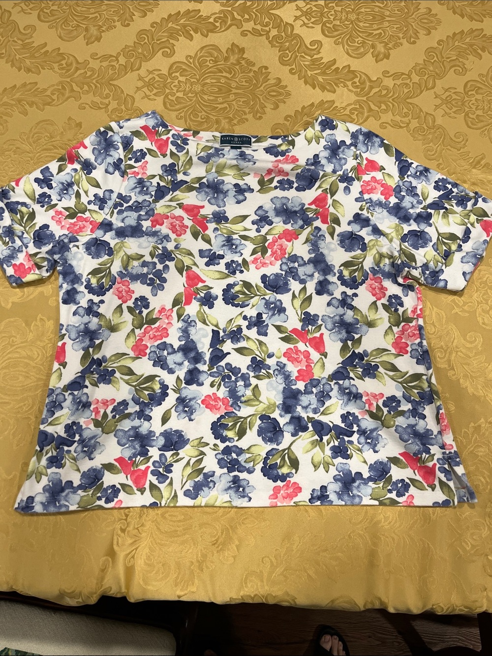 Karen Scott White Floral Short-Sleeve Tee with Blue and Pink Blooms
